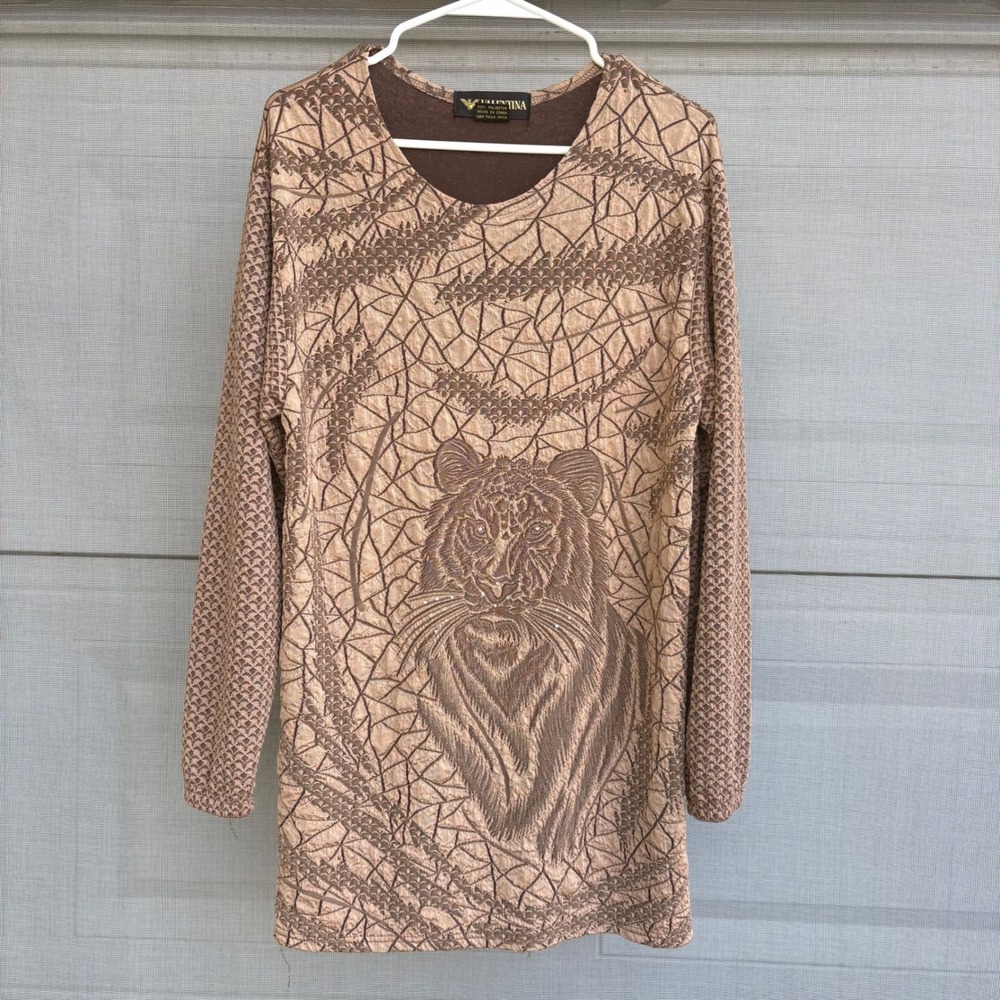 Vintage Jungle Tiger Graphic Rhinestone Blouse Tan by Valentina OSFA One Size